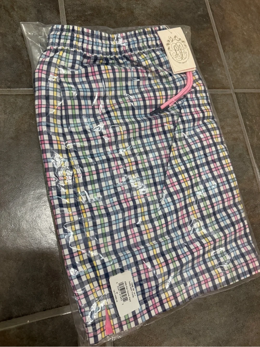 The Beaufort Bonnet Company Multicolor Plaid Men’s Swim Shorts with Pink Trim